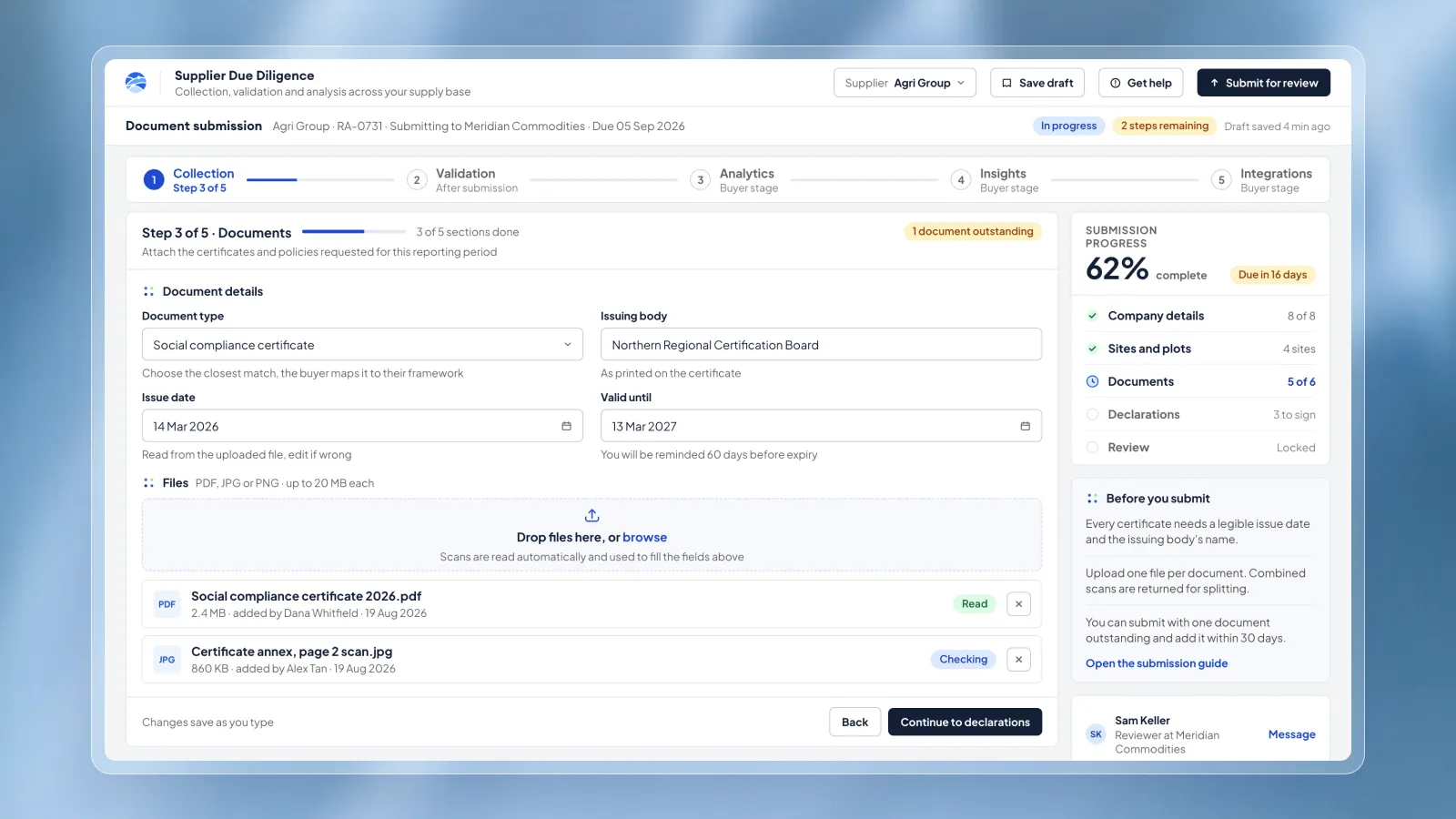 Screenshot of facilitated supplier data collection in the guided supplier portal